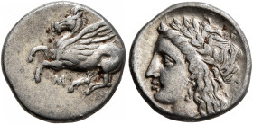 AKARNANIA. Uncertain. Circa 330-280 BC. Drachm (Silver, 14 mm, 2.30 g, 6 h). Pegasos flying left; below, M. Rev. Laureate head of Aphrodite to left. B...