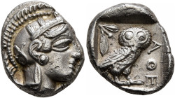 ATTICA. Athens. Circa 430s-420s BC. Drachm (Silver, 16 mm, 4.25 g, 8 h). Head of Athena to right, wearing crested Attic helmet decorated with three ol...