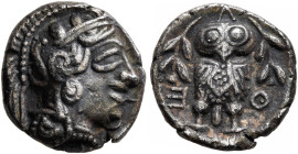 ATTICA. Athens. Circa 430s-420s BC. Hemidrachm (Silver, 13 mm, 2.13 g, 1 h). Head of Athena to right, wrearing crested Attic helmet decorated with thr...