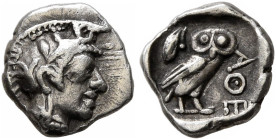 ATTICA. Athens. Circa 454-404 BC. Hemiobol (Silver, 8 mm, 0.36 g, 11 h). Head of Athena to right, wearing crested Attic helmet decorated with three ol...