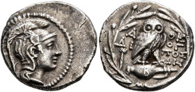 ATTICA. Athens. Circa 165-42 BC. Drachm (Silver, 18 mm, 4.17 g, 11 h), Dioge..., Posei... and Deme..., magistrates, 129/8. Head of Athena Parthenos to...