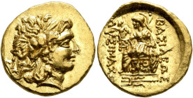 KINGS OF PONTOS. Mithradates VI Eupator, circa 120-63 BC. Stater (Gold, 19 mm, 8.25 g, 12 h), First Mithradatic War issue, in the name and types of Ly...