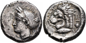 MYSIA. Kyzikos. Circa 390-341/0 BC. Tetradrachm (Silver, 25 mm, 14.19 g, 5 h). ΣΩΤΕΙΡΑ Head of Kore to left, wearing wreath of grain ears, pendant ear...
