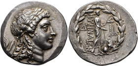 AEOLIS. Myrina. Circa 160-143 BC. Tetradrachm (Silver, 32 mm, 16.64 g, 12 h). Laureate head of Apollo to right. Rev. MΥΡINAIΩN Apollo Grynios standing...