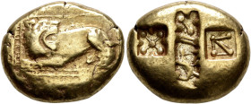 IONIA. Miletos. Circa 600-546 BC. Stater (Electrum, 21 mm, 13.95 g), Lydo-Milesian standard. Lion reclining left, head reverted to right; all within d...