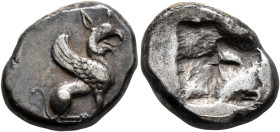 IONIA. Teos. Circa 540-510 BC. Drachm (Silver, 18 mm, 5.86 g). Griffin seated to right. Rev. Quadripartite incuse square. Balcer Group XX. Lanz 106 (2...