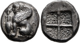 ISLANDS OFF IONIA, Chios. Circa 400-380 BC. Drachm (Silver, 14 mm, 3.56 g). Sphinx seated left; to left, grape bunch above amphora; all set on circula...