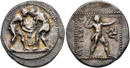 PAMPHYLIA. Aspendos. Circa 380/75-330/25 BC. Stater (Silver, 25 mm, 10.81 g, 12 h). Two nude wrestlers, standing and grappling with each other; betwee...