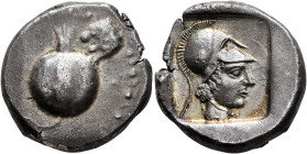 PAMPHYLIA. Side. Circa 460-430 BC. Stater (Silver, 23 mm, 10.61 g, 6 h). Pomegranate; to upper right, forepart of a lion left. Rev. Head of Athena to ...