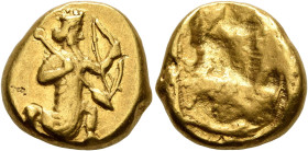 PERSIA, Achaemenid Empire. Time of Artaxerxes II to Artaxerxes III, circa 375-340 BC. Stater (Gold, 15 mm, 8.35 g), Sardes. Persian king or hero in kn...