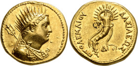 PTOLEMAIC KINGS OF EGYPT. Berenike II, wife of Ptolemy III, circa 244/3-221 BC. Mnaieion or Oktadrachm (Gold, 27 mm, 27.85 g, 11 h), Alexandria, struc...