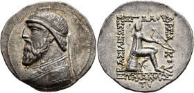 KINGS OF PARTHIA. Mithradates II, 121-91 BC. Tetradrachm (Silver, 32 mm, 15.73 g, 12 h), Seleukeia on the Tigris, circa 120/19-109. Diademed and drape...