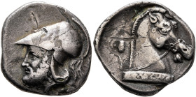 Anonymous, circa 310-300 BC. Didrachm (Silver, 21 mm, 6.26 g, 11 h), Neapolis (?). Bearded head of Mars to left, wearing crested Corinthian helmet; to...
