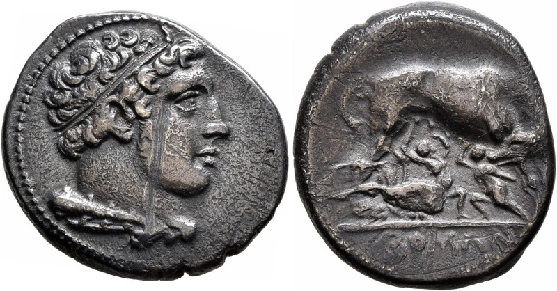 Anonymous, circa 265 BC. Didrachm (Silver, 21 mm, 6.17 g, 9 h), Rome. Head of yo...