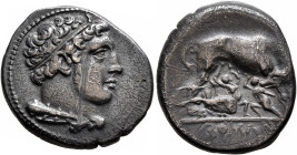 Anonymous, circa 265 BC. Didrachm (Silver, 21 mm, 6.17 g, 9 h), Rome. Head of youthful Hercules to right, wearing taenia, lion skin tied around neck a...