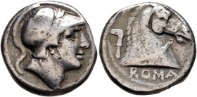 Anonymous, circa 240 BC. Didrachm (Silver, 18 mm, 6.54 g, 5 h), Rome. Head of youthful Mars to right, wearing crested Corinthian helmet decorated with...