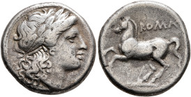 Anonymous, circa 235 BC. Didrachm (Silver, 19 mm, 6.31 g, 2 h), Rome. Laureate head of Apollo to right. Rev. ROMA Horse rearing left. Crawford 26/1. H...