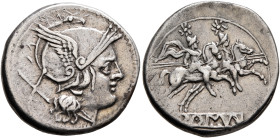 Anonymous, circa 211-208 BC. Denarius (Silver, 20 mm, 4.46 g, 9 h), Rome. Head of Roma to right, wearing winged and crested helmet; behind, X (mark of...