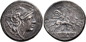 Anonymous, circa 211-208 BC. Denarius (Silver, 20 mm, 4.36 g, 7 h), Rome. Head of Roma to right, wearing winged and crested helmet; behind, X (mark of...