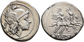 Anonymous, circa 211-208 BC. Quinarius (Silver, 15 mm, 2.12 g, 9 h), Rome. Head of Roma to right, wearing winged and crested helmet; behind, V (mark o...