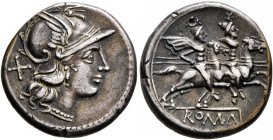 Anonymous, circa 211-208 BC. Denarius (Silver, 18 mm, 4.05 g, 12 h), Rome. Head of Roma to right, wearing winged helmet, pendant earring and pearl nec...