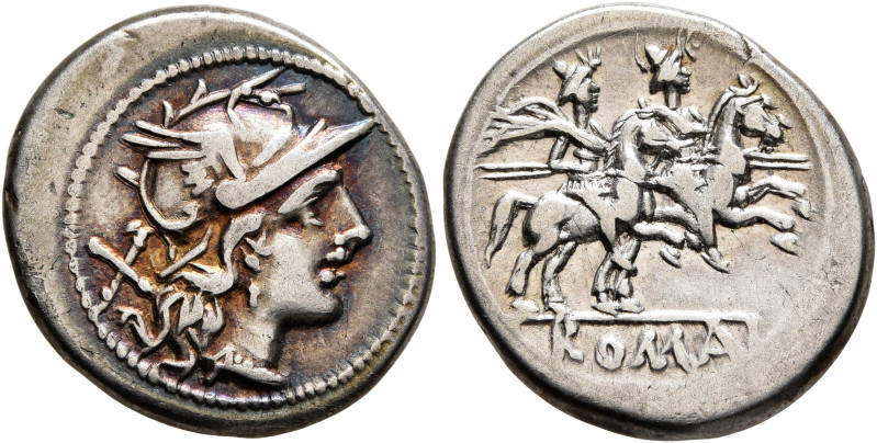 Anonymous, circa 211-208 BC. Denarius (Silver, 19 mm, 3.84 g, 9 h), Rome. Head o...