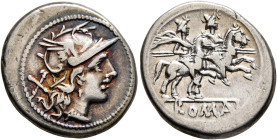 Anonymous, circa 211-208 BC. Denarius (Silver, 19 mm, 3.84 g, 9 h), Rome. Head of Roma to right, wearing winged and crested helmet; behind, X (mark of...