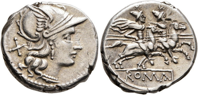 Anonymous, circa 211-208 BC. Denarius (Silver, 17 mm, 3.91 g, 7 h), Rome. Head o...