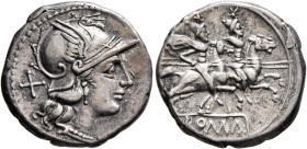 Anonymous, circa 211-208 BC. Denarius (Silver, 18 mm, 3.62 g, 12 h), Rome. Head of Roma to right, wearing winged and crested helmet; behind, X (mark o...