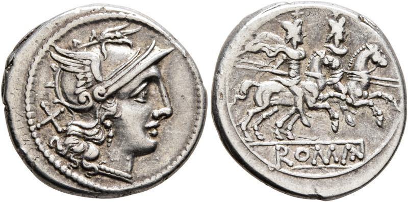 Anonymous, circa 211-208 BC. Denarius (Silver, 20 mm, 4.00 g, 4 h), Rome. Head o...