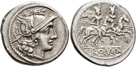 Anonymous, circa 211-208 BC. Denarius (Silver, 20 mm, 4.00 g, 4 h), Rome. Head of Roma to right, wearing winged and crested helmet; behind, X (mark of...