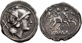 Anonymous, circa 211-208 BC. Denarius (Silver, 20 mm, 4.25 g, 3 h), uncertain mint in Central Italy. Head of Roma to right, wearing winged and crested...