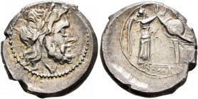 Anonymous, circa 211-208 BC. Victoriatus (Silver, 17 mm, 3.44 g, 12 h), uncertain mint in Sicily. Laureate head of Jupiter to right. Rev. ROMA Victory...