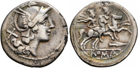 Anonymous, 209 BC. Denarius (Subaeratus, 20 mm, 3.00 g, 9 h), a contemporary plated imitation. Head of Roma to right, wearing winged helmet and pendan...