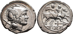 Anonymous, circa 209-208 BC. Denarius (Silver, 20 mm, 3.82 g, 12 h), Rome. Head of Roma to right, wearing crested and winged helmet; behind, X (mark o...