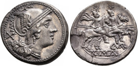 C. Varro, 209-208 BC. Denarius (Silver, 19 mm, 4.26 g, 6 h), uncertain mint in Sicily. Head of Roma to right, wearing winged helmet and pendant earrin...
