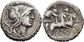 Anonymous, circa 209-208 BC. Denarius (Silver, 19 mm, 3.86 g, 1 h), Six-spoked wheel series, uncertain mint in Sicily. Head of Roma to right, wearing ...