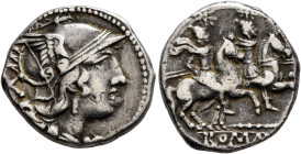 Anonymous, 208 BC. Denarius (Silver, 18 mm, 4.44 g, 8 h), uncertain mint in Sicily. Helmeted head of Roma to right; behind, X. Rev. ROMA (in linear fr...