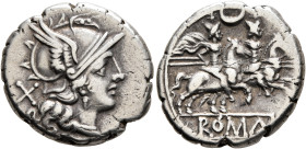 Anonymous, 207 BC. Denarius (Silver, 19 mm, 4.00 g, 6 h), Rome (?). Head of Roma to right, wearing winged helmet and pendant earring; behind, X (mark ...