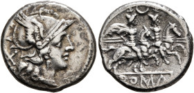 Anonymous, 207 BC. Denarius (Silver, 18 mm, 4.00 g, 10 h), Rome (?). Head of Roma to right, wearing winged helmet and pendant earring; behind, X (mark...