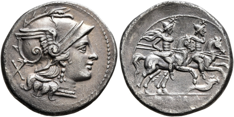 Anonymous, circa 207. Denarius (Silver, 19 mm, 3.37 g, 12 h), Rome. Head of Roma...