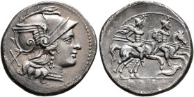 Anonymous, circa 207. Denarius (Silver, 19 mm, 3.37 g, 12 h), Rome. Head of Roma to right, wearing crested and winged helmet; behind, X (mark of value...