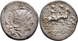 Q. Lutatius Cerco, 206-200 BC. Denarius (Silver, 20 mm, 4.30 g, 7 h), uncertain mint. Head of Roma to right, wearing crested and winged helmet; behind...