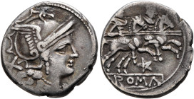 Anonymous, circa 206-200. Denarius (Silver, 17 mm, 3.31 g, 4 h), uncertain mint. Head of Roma to right, wearing crested and winged helmet; behind, X (...