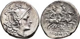Anonymous, circa 206-200. Denarius (Silver, 19 mm, 2.83 g, 12 h), uncertain mint. Head of Roma to right, wearing crested and winged helmet; behind, X ...