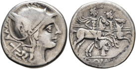 Anonymous, circa 206-200. Denarius (Silver, 18 mm, 3.65 g, 6 h), uncertain mint. Head of Roma to right, wearing crested and winged helmet; behind, X (...
