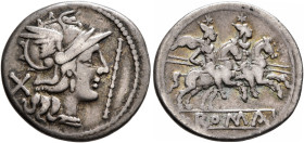 Anonymous, circa 206-195 BC. Denarius (Silver, 19 mm, 3.67 g, 6 h), Rome. Head of Roma to right, wearing winged helmet and pendant earring; behind, X ...
