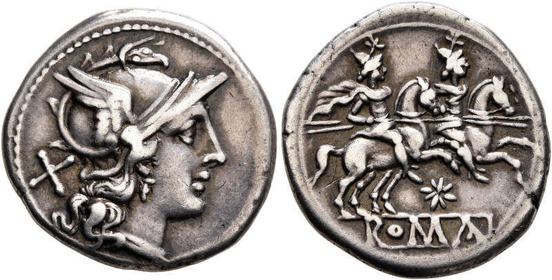 Anonymous, circa 206-195 BC. Denarius (Silver, 20 mm, 4.00 g, 3 h), Rome. Head o...