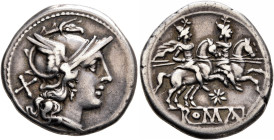 Anonymous, circa 206-195 BC. Denarius (Silver, 20 mm, 4.00 g, 3 h), Rome. Head of Roma to right, wearing crested and winged helmet; behind, X (mark of...
