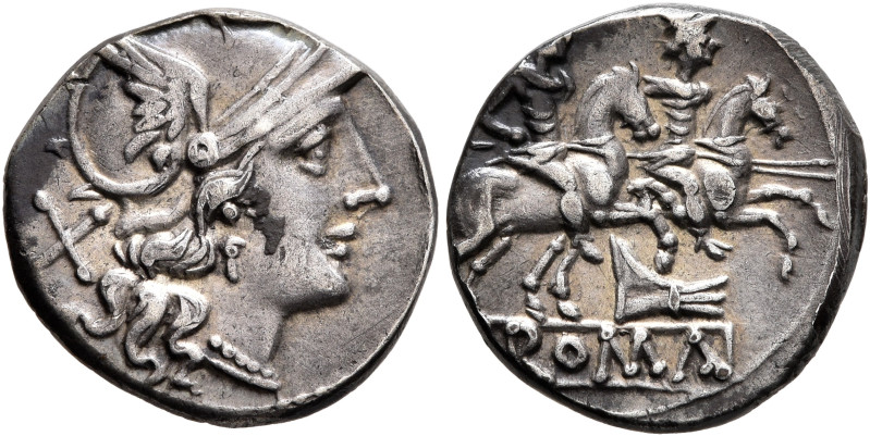 Anonymous, circa 206-195 BC. Denarius (Silver, 15 mm, 2.78 g, 1 h), Rome. Head o...